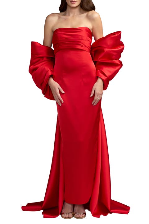 Satin Strapless Ankle Dress With Oversized Bow