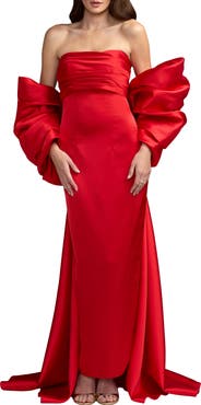 Mac Duggal Satin Strapless Ankle Dress With Oversized Bow