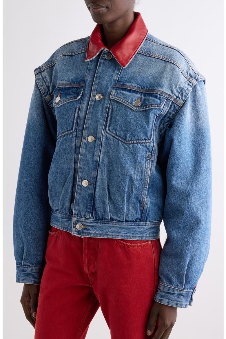 Devyn Leather Collar Denim Jacket, Alternate, color, BLUE