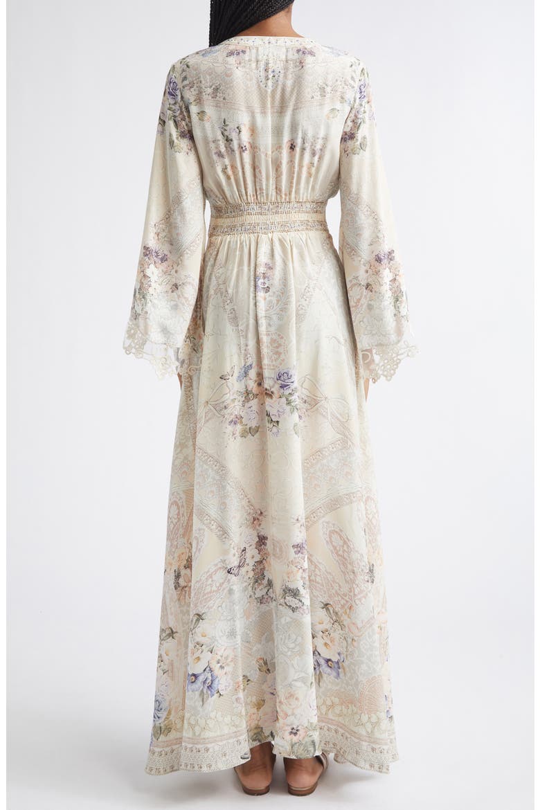 Floral Print Lace Trim Long Sleeve Silk Maxi Dress, Alternate, color, LACED WITH LOVE