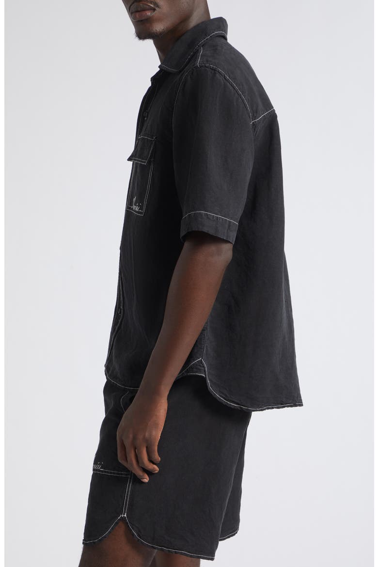 Script Garment Dyed Short Sleeve Linen Blend Button-Up Shirt, Alternate, color, BLACK