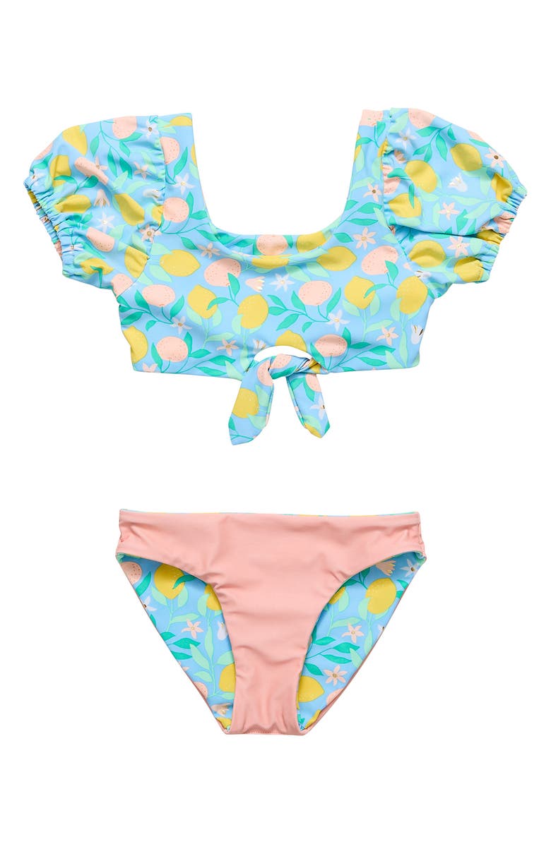 Snapper Rock Kids' Lemon Drops Puff Sleeve Knot Front Two-Piece Swimsuit, Alternate, color, Blue Multi