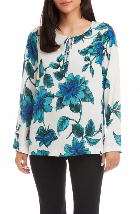 Floral Tie Neck Side Slit Tunic (Petite)