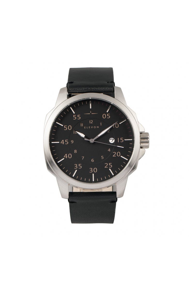 Hughes Leather-Band Watch w/ Date, Main, color, Silver/Black/Black