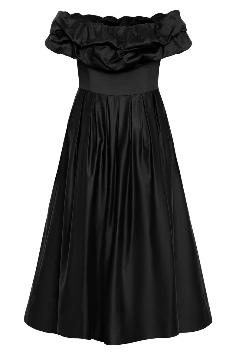 London Off the Shoulder Satin Midi Dress, Alternate, color, BLACK