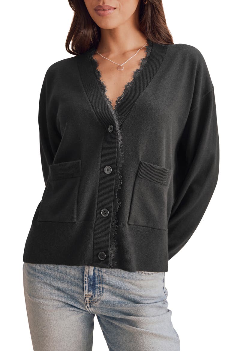 Georgie Lace Trim Cardigan, Main, color, BLACK