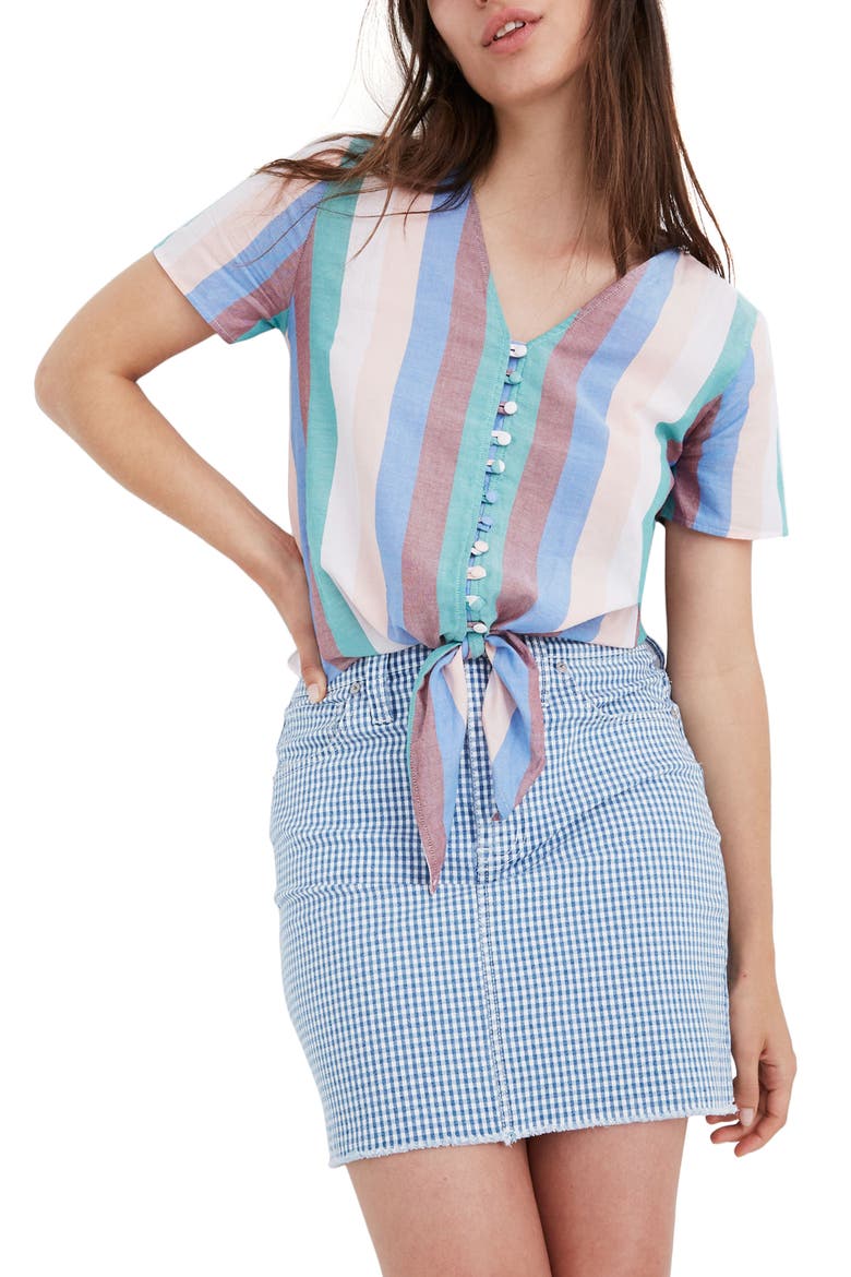 Novel Tie Front Button Top, Main, color, CIRCUS STRIPE DREAMY PINK