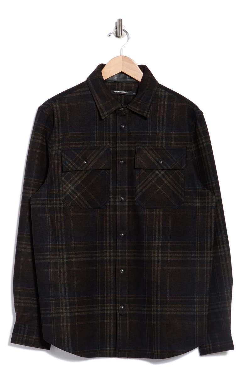 KARL LAGERFELD PARIS Plaid Ponte Snap-Up Shirt, Alternate, color, Brown