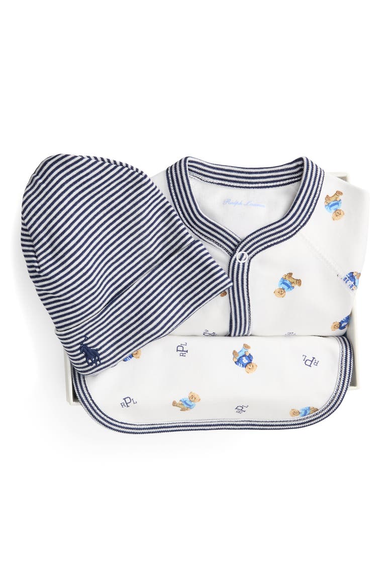 Cotton Interlock Footie, Bib & Hat Set, Alternate, color, WHITE BLUE MULTI