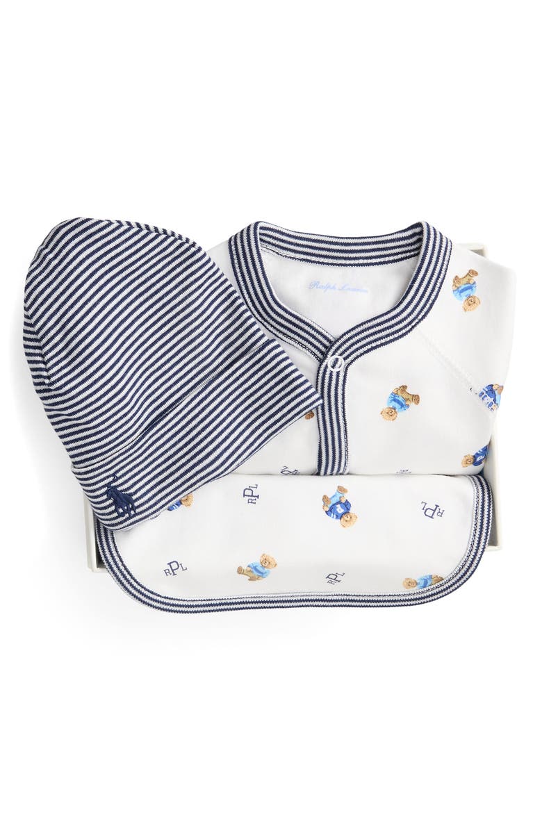 Ralph Lauren Cotton Interlock Footie, Bib & Hat Set, Alternate, color, White Blue Multi