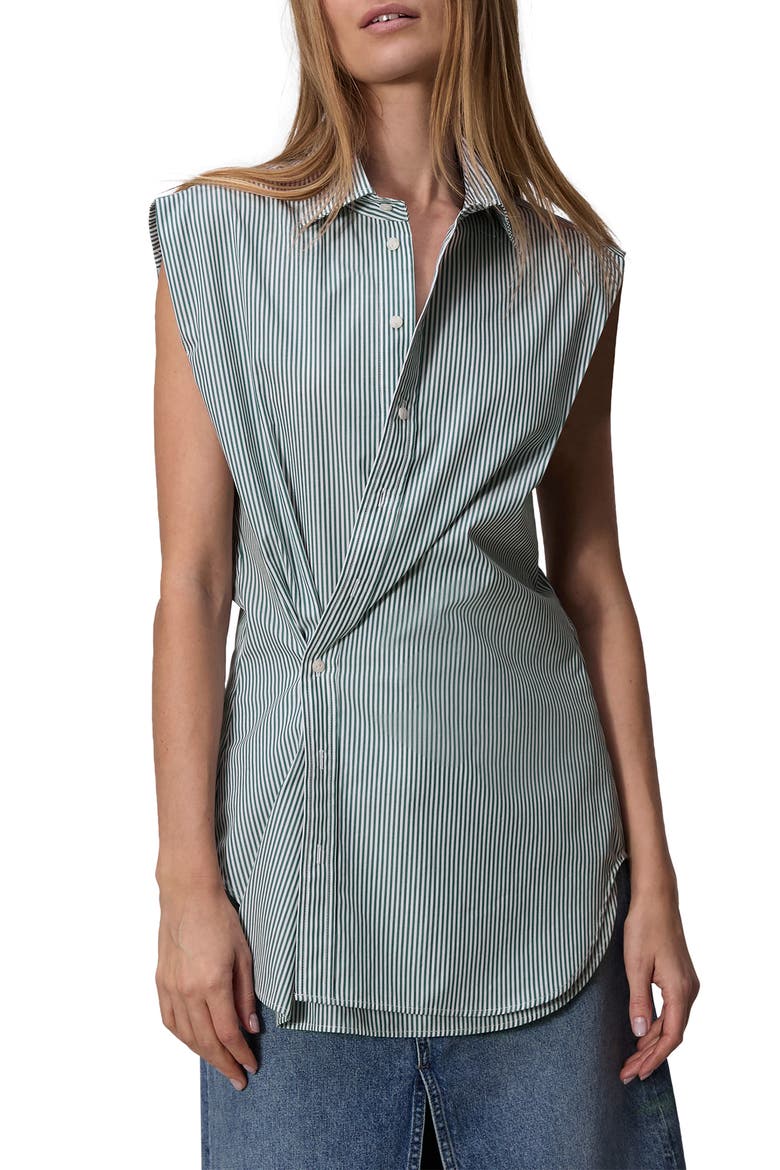 Indiana Stripe Asymmetric Sleeveless Button-Up Shirt, Main, color, GREEN STRIPE