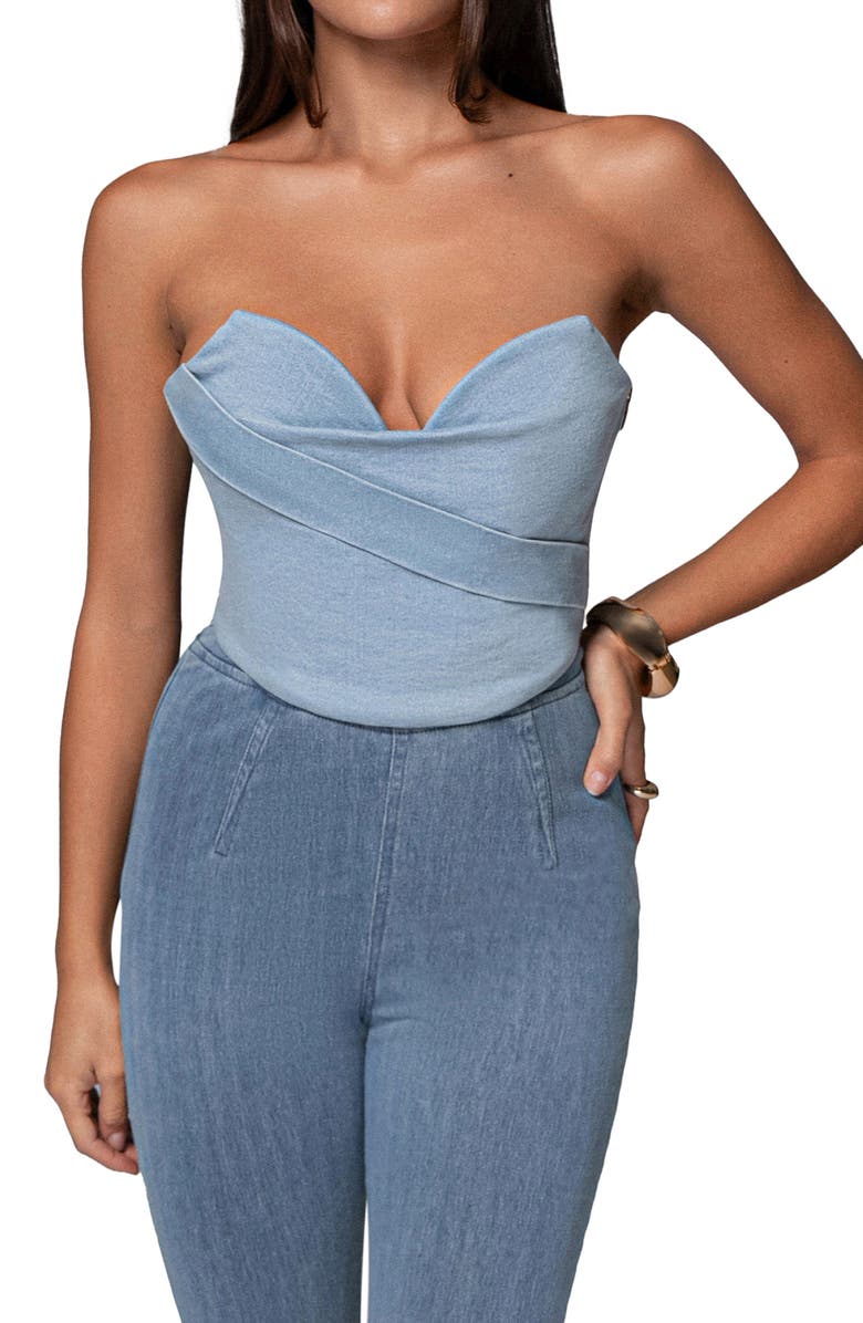 JLUXLABEL Teyana Strapless Denim Bustier Top, Main, color, Light Wash