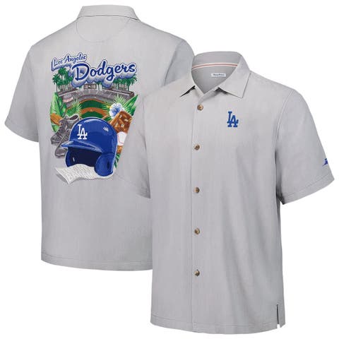 Men's Tommy Bahama Gray Los Angeles Dodgers Hit and Run Silk Camp Button-Up Shirt