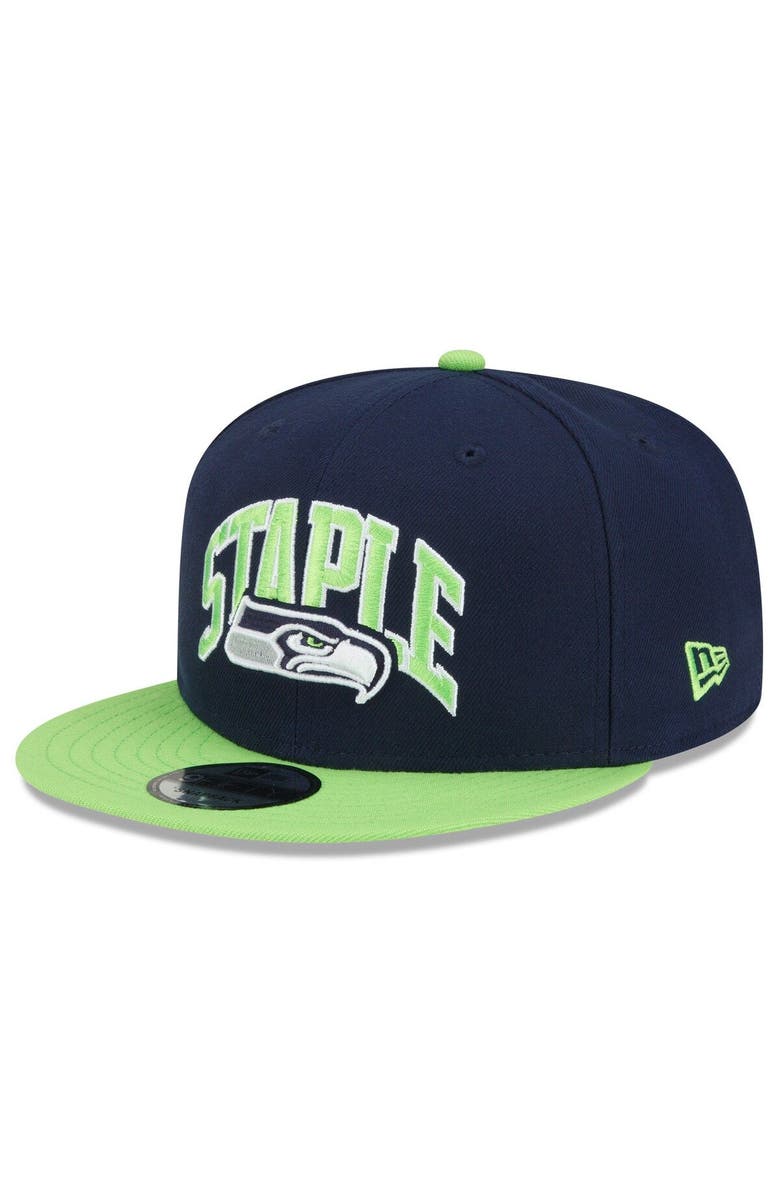 New Era x Staple Men's New Era Navy/Neon Green Seattle Seahawks NFL x Staple Collection 9FIFTY Snapback Adjustable Hat, Alternate, color, 