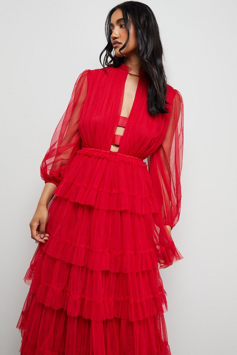 Ruffle Neck Tulle Maxi Dress, Alternate, color, Red
