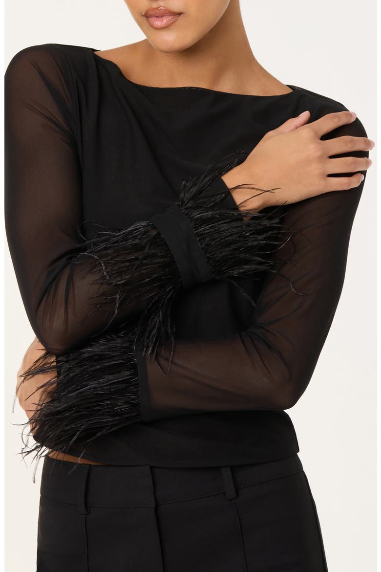 Brisa Feather Trim Long Sleeve Top, Alternate, color, BLACK