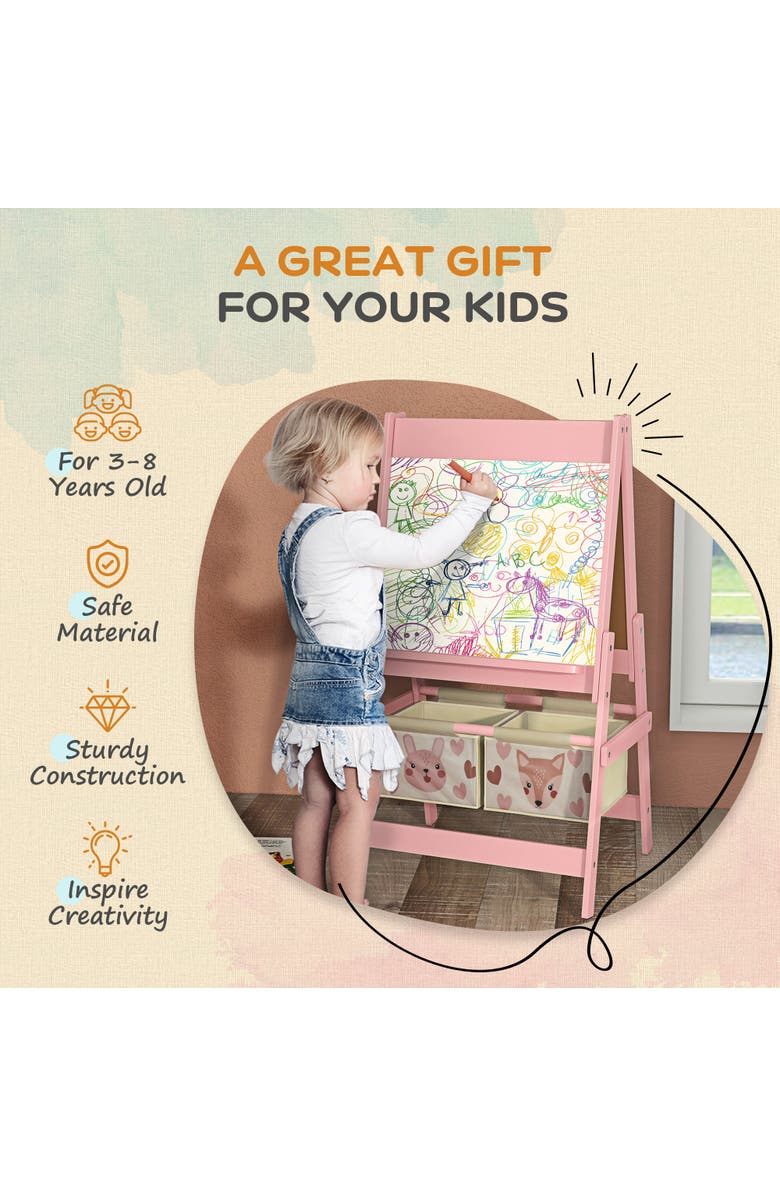 Qaba Kids 3-in-1 Art Easel with Paper Roll, Blackboard, Whiteboard, Storage Baskets, Alternate, color, Pink