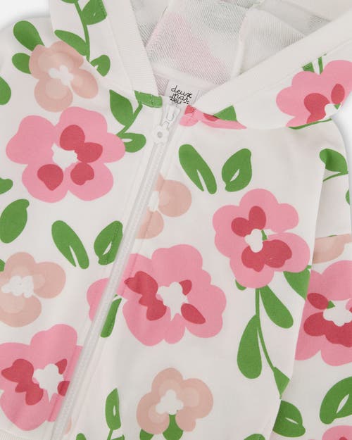 Deux Par Deux Girl's Printed French Terry Hoodie Cardigan Pink Flowers On White Background In Pink Flowers On White