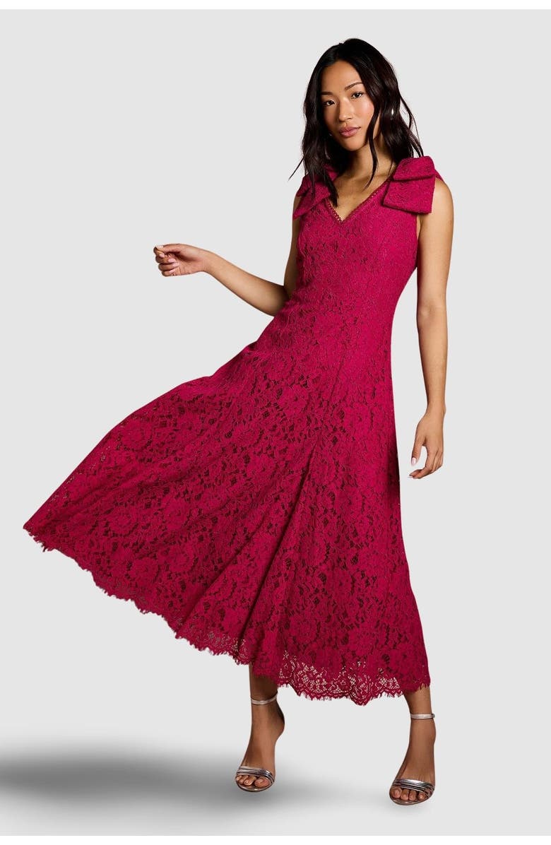 Coast Bow Shoulder V Neck Lace Midi Dress, Main, color, Burgundy