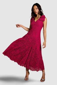 Coast Bow Shoulder V Neck Lace Midi Dress