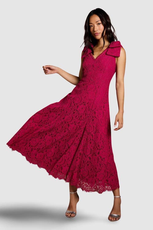 Coast Bow Shoulder V Neck Lace Midi Dress In Red