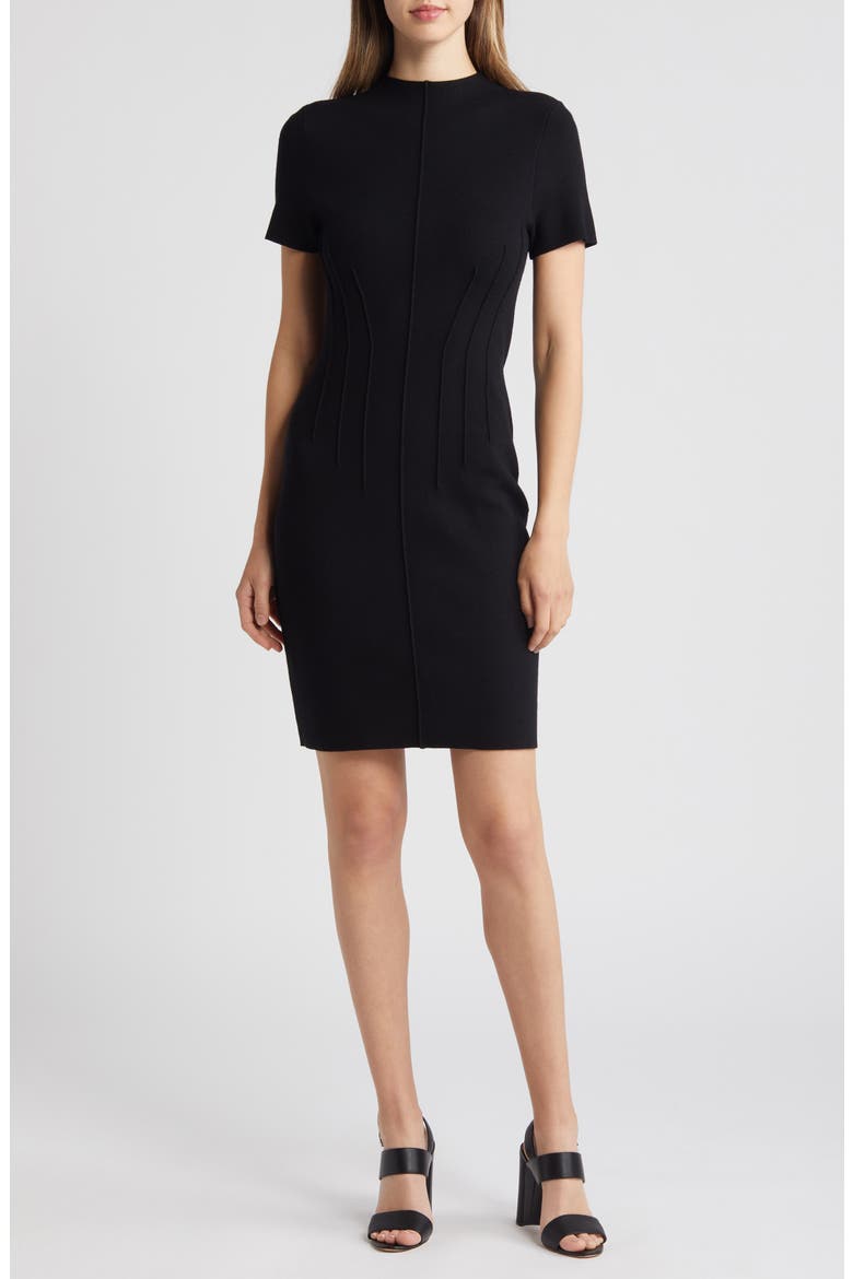 Pintuck Fitted Sheath Dress, Main, color, BLACK