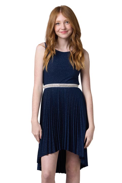 Glitter Pleated High Low Dress with Belt