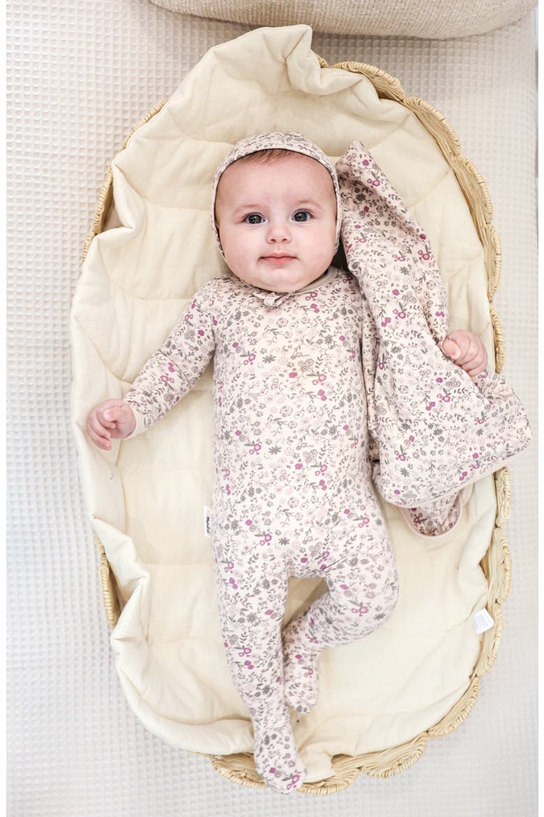 Elegant Floral Footie & Hat Set, Alternate, color, Z/DNUGIRLS BISCUIT