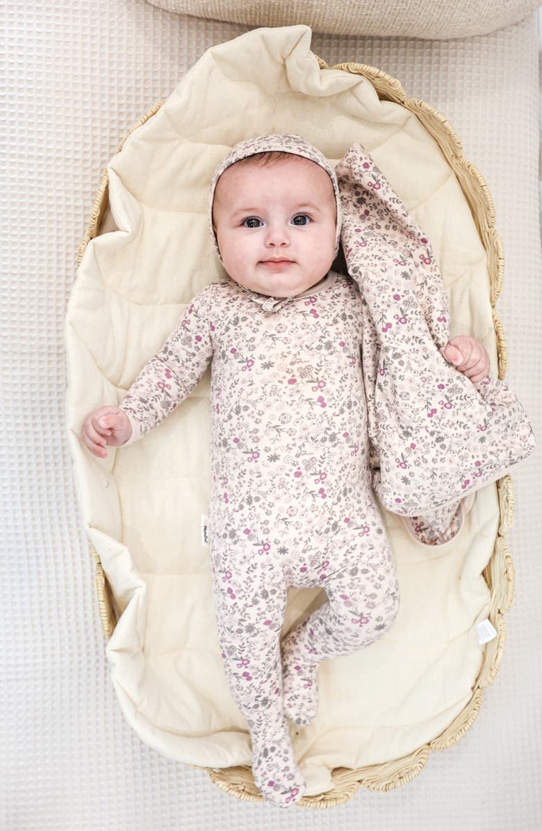 Manière Elegant Floral Footie & Hat Set, Alternate, color, Z/Dnugirls Biscuit