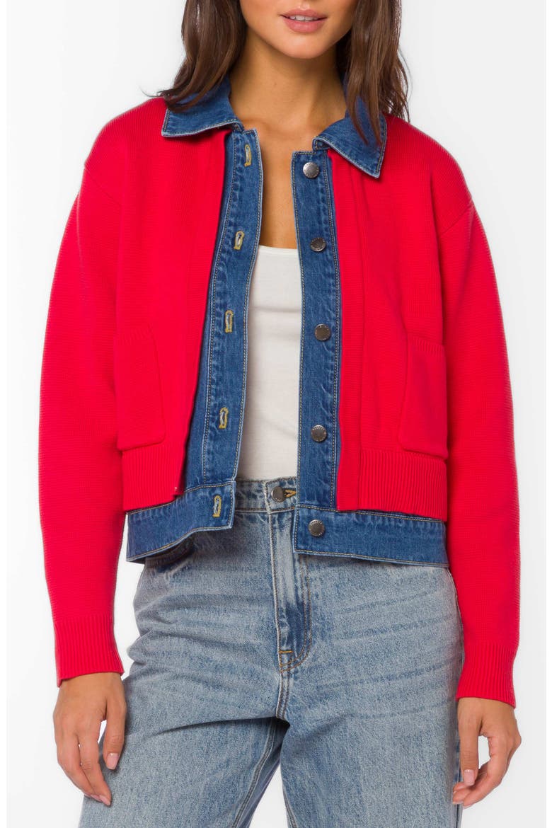Amerie Cardigan with Denim Trim, Main, color, RED CRUSH/ DENIM
