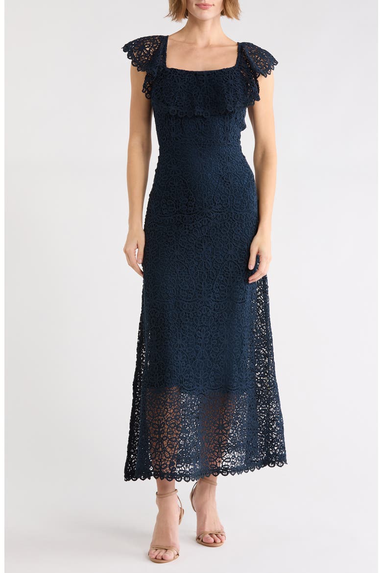 Balcony Lace Midi Dress, Main, color, NAVY