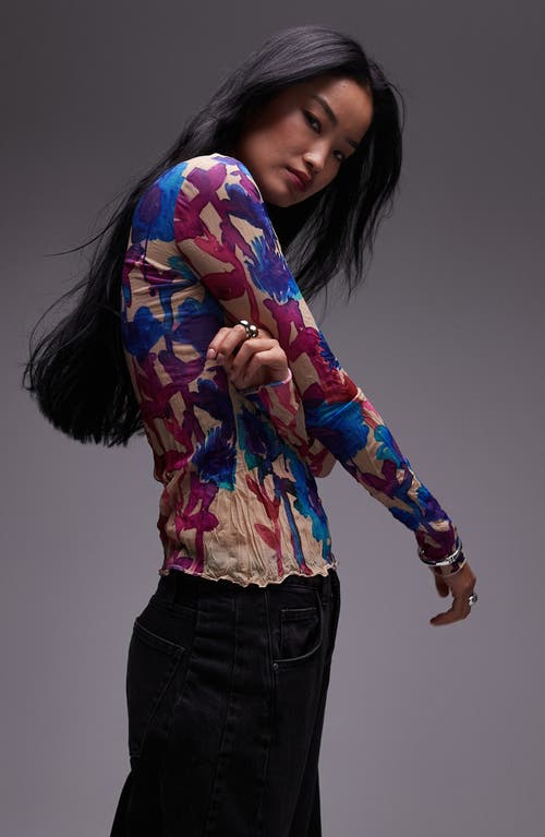 Shop Topshop Floral Print Funnel Neck Crinkle Top In Blue Multi