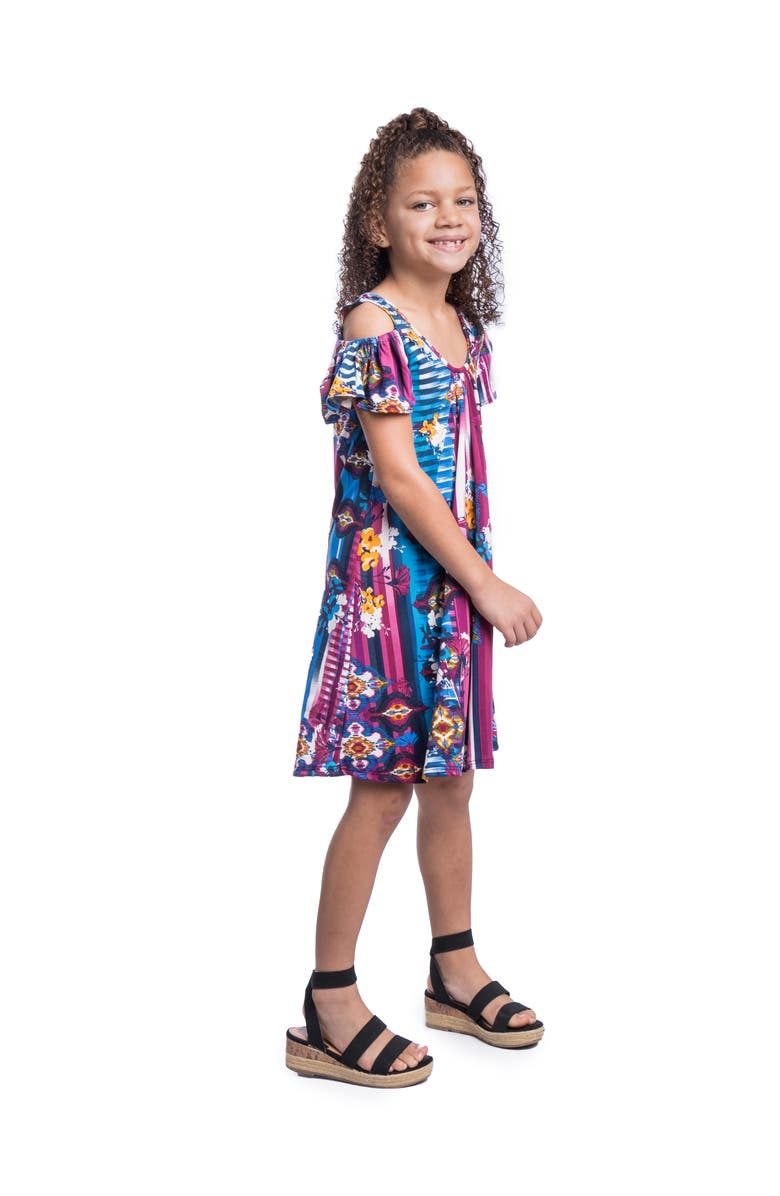 24sevenKid Floral Cold Shoulder Knee Length Dress, Alternate, color, Blue Multi