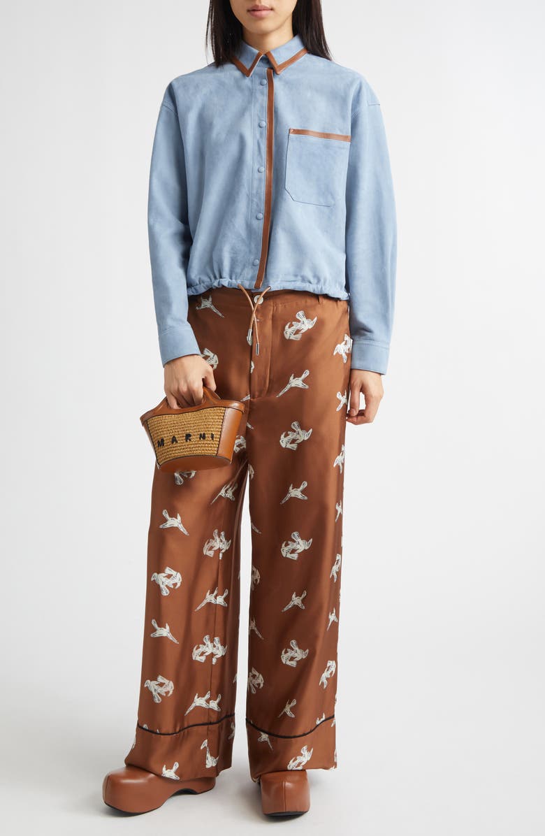 Marni Raven Print Silk Twill Wide Leg Pants, Alternate, color, Maroon