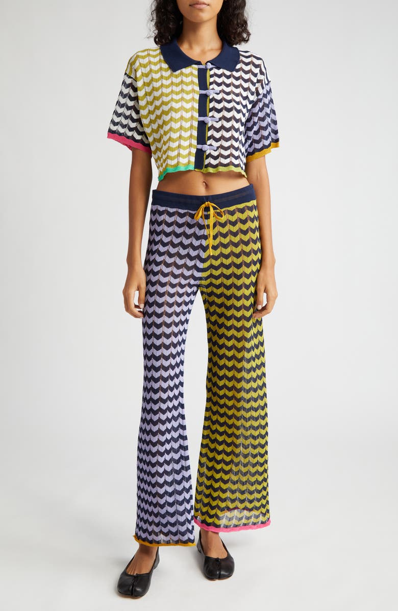 YanYan Tong Short Sleeve Chevron Stripe Pointelle Stitch Cardigan, Alternate, color, 