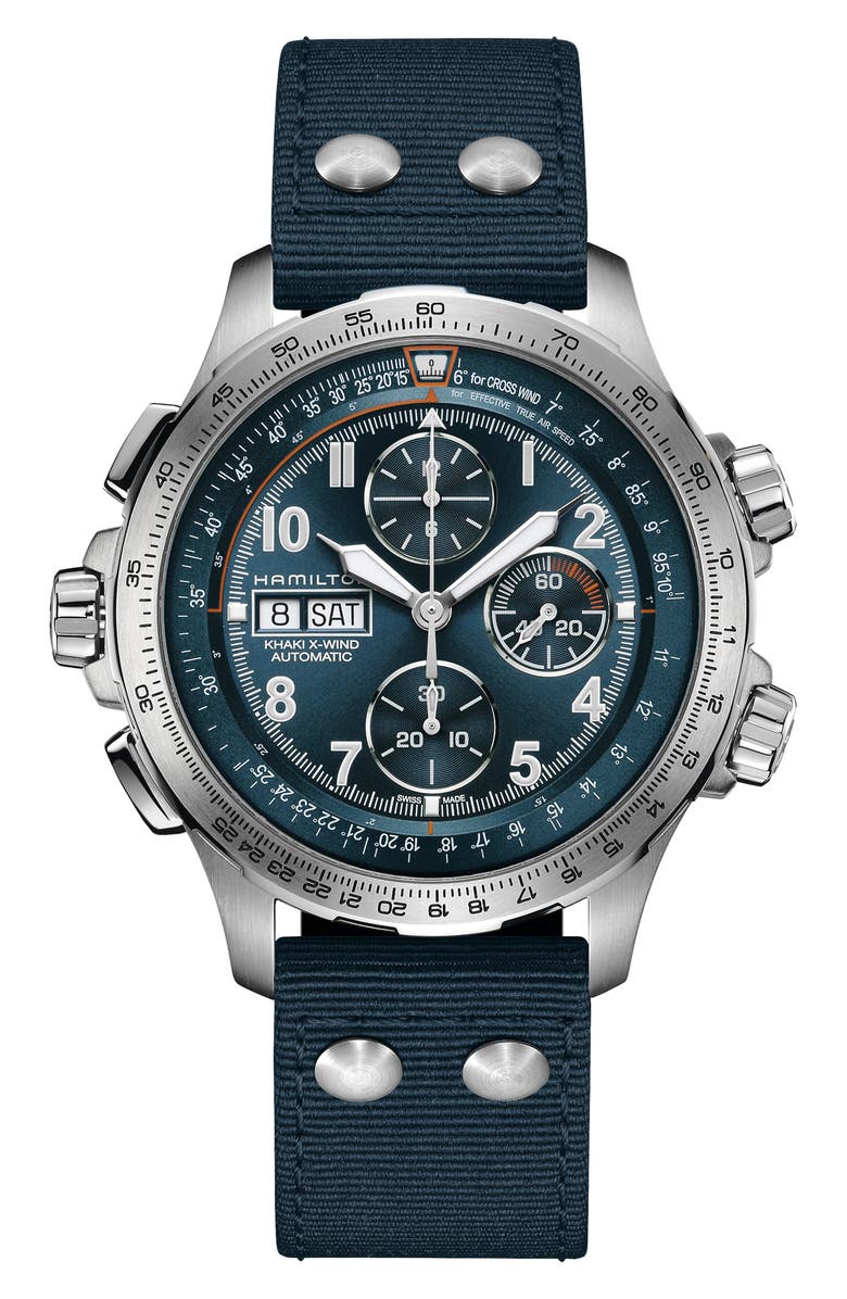 Hamilton Khaki Aviation X-Wind Auto Chronograph Textile Strap Watch, 45mm, Main, color, Blue