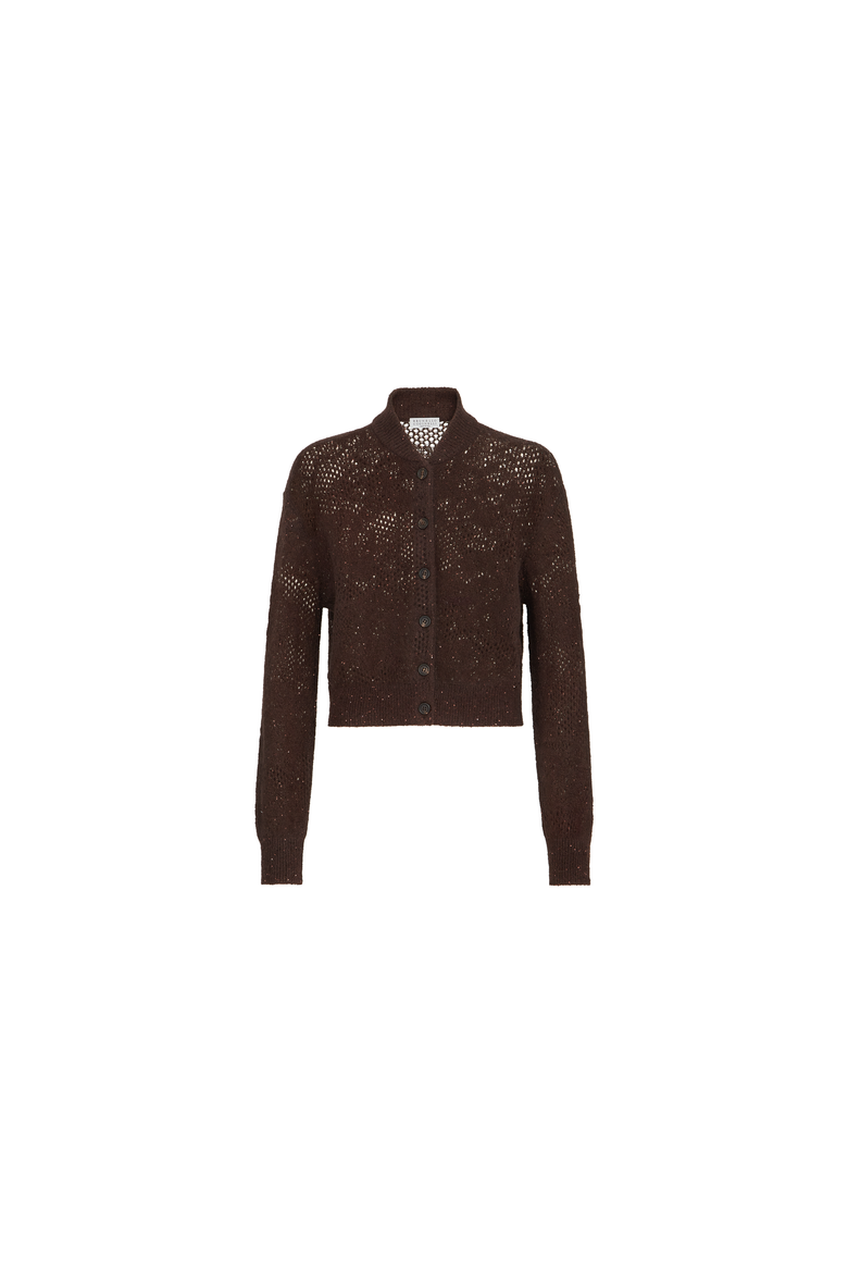 Lace flowers cardigan in sparkling mohair and virgin wool, Alternate, color, Brown
