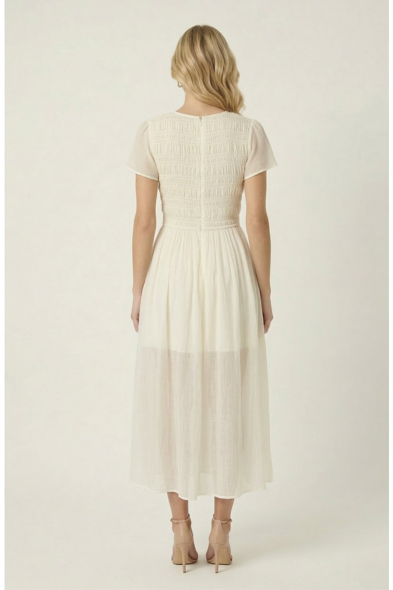 Sheer Overlay Midi Dress with Smocked Bodice, Alternate, color, Cream