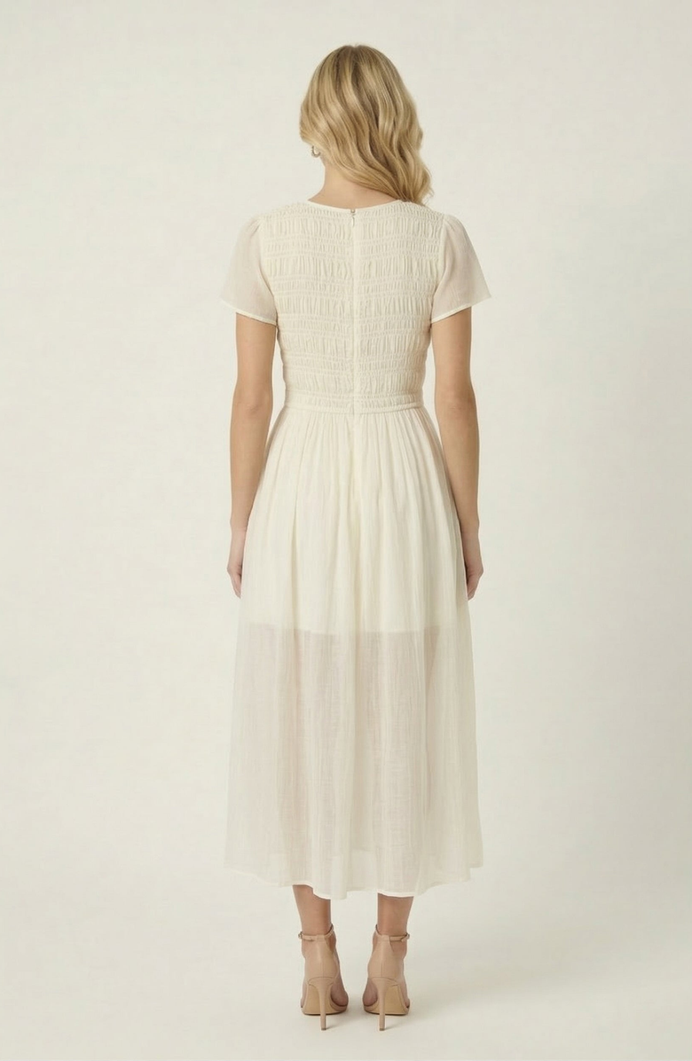 Modenaire Sheer Overlay Midi Dress with Smocked Bodice, Alternate, color, Cream