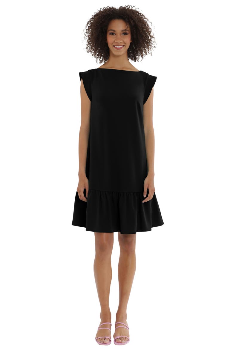 Boatneck Cap Sleeve Ruffle Hem Crepe Shift Dress, Alternate, color, BLACK