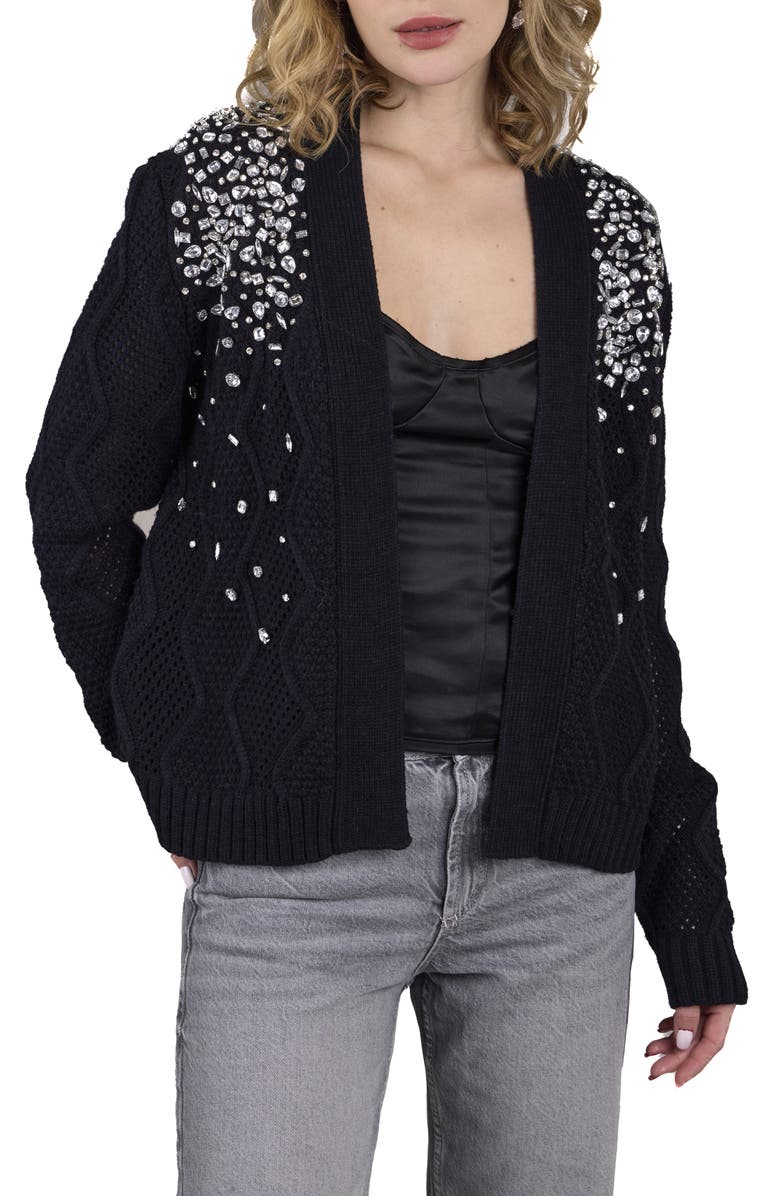 SAACHI Scattered Crystal Embellished Cardigan, Main, color, Black
