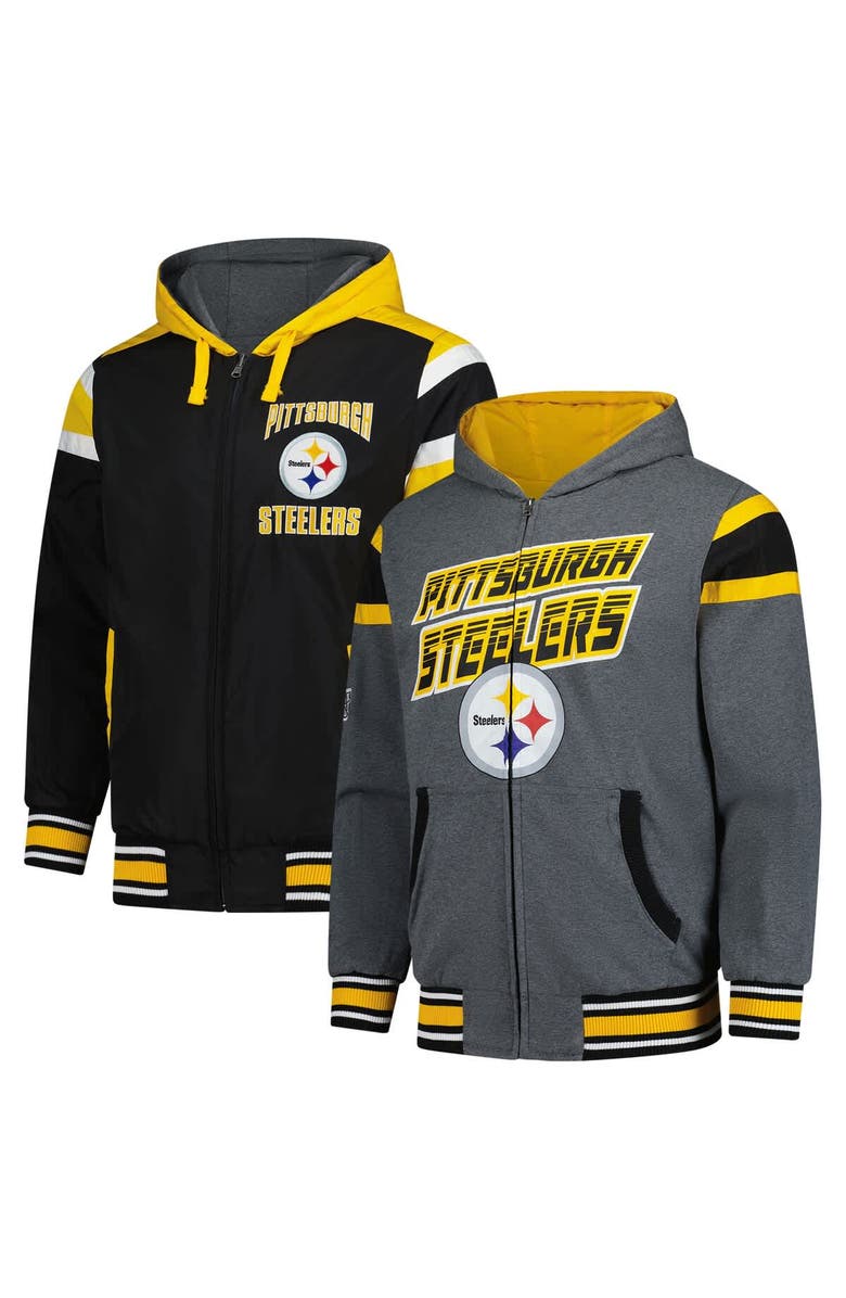 G-III SPORTS BY CARL BANKS Men's G-III Sports by Carl Banks Black/Gray Pittsburgh Steelers Extreme Full Back Reversible Hoodie Full-Zip Jacket, Main, color, Black