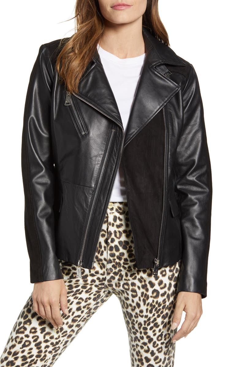 Bernardo Suede Detail Leather Moto Jacket, Main, color,