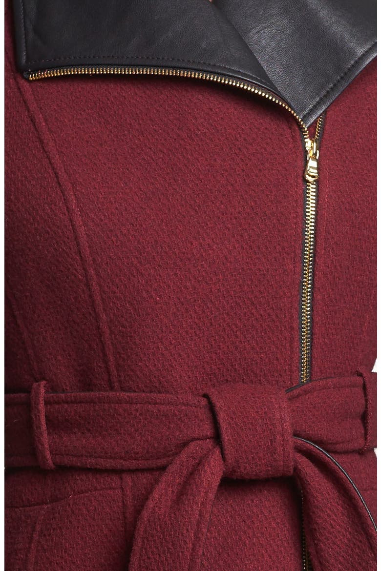 Asymmetrical Textured Wool Blend & Faux Leather Coat, Alternate, color, BURGUNDY