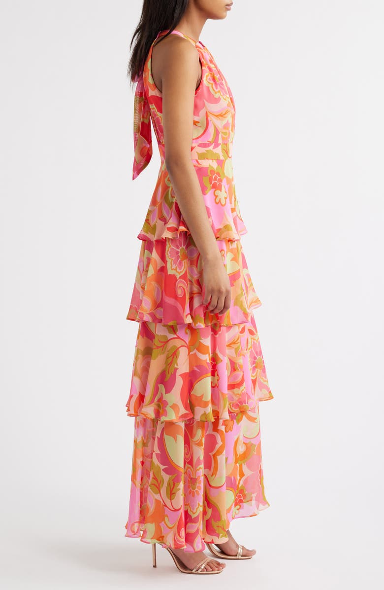Eliza J Floral Print Tiered Ruffle Sleeveless Maxi Dress, Alternate, color, Multi Pink