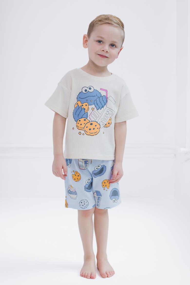 Cookie Monster Boys' T-Shirt and Waffle Shorts Set, Alternate, color, Ivory Blue Cookie