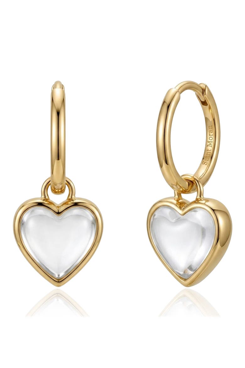 Clear Quartz Heart Drop Hoop Earrings, Main, color, GOLD