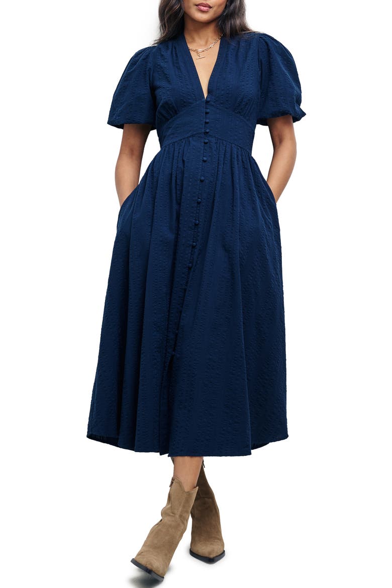 Starlight Button Front Cotton Seersucker Midi Dress, Main, color, BLUE