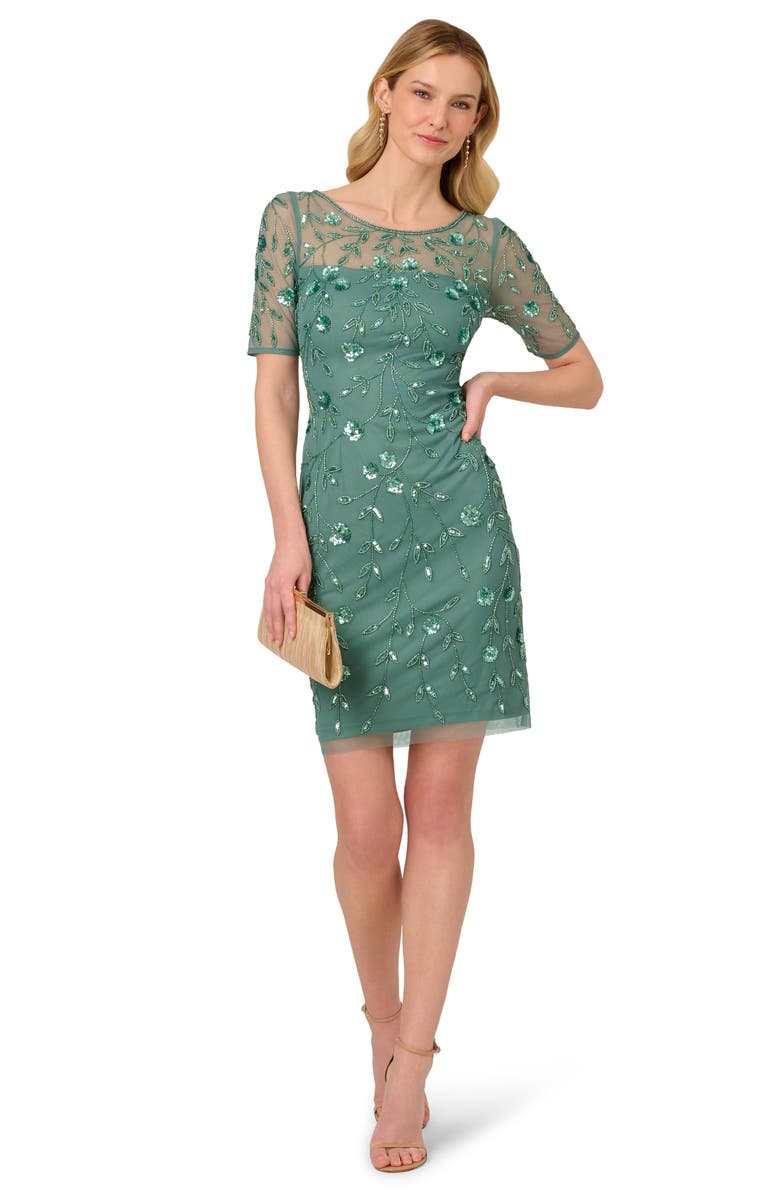Adrianna Papell Floral Beaded Cocktail Dress, Alternate, color, Green Slate
