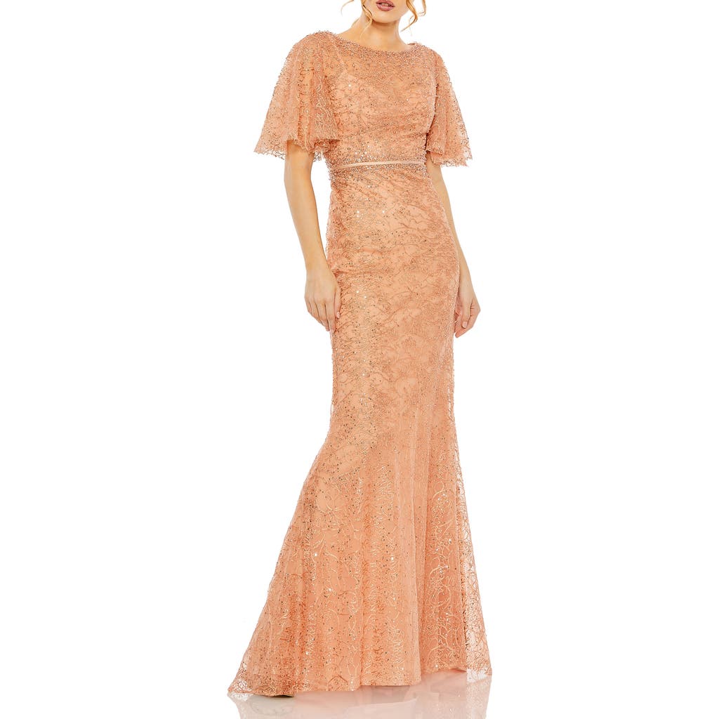 Mac Duggal Embellished Neck Butterfly Sleeve Trumpet Gown In Cinnamon